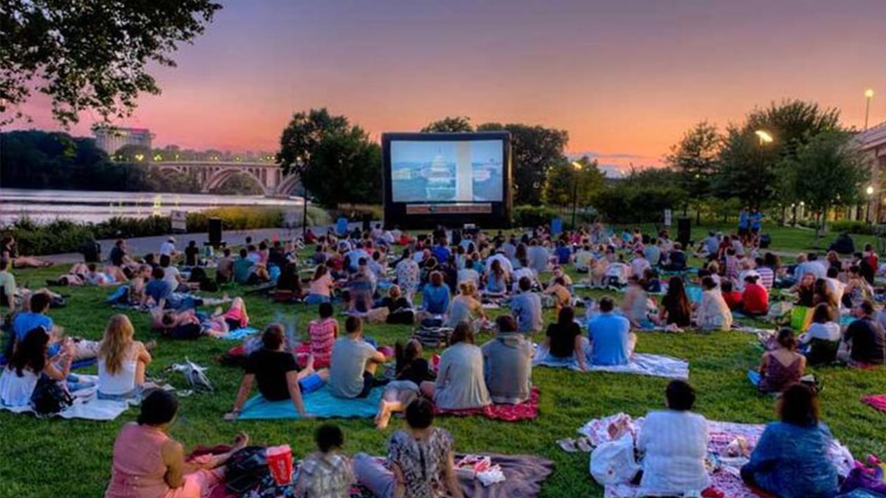 Large group watching outdoor movie